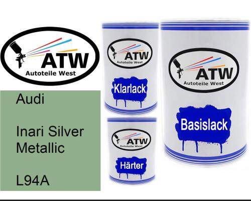 Audi, Inari Silver Metallic, L94A: 500ml Lackdose + 500ml Klarlack + 250ml Härter - Set, von ATW Autoteile West.